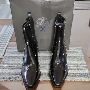 Vince Camuto Black Leather Ankle Boots with Silver Accents